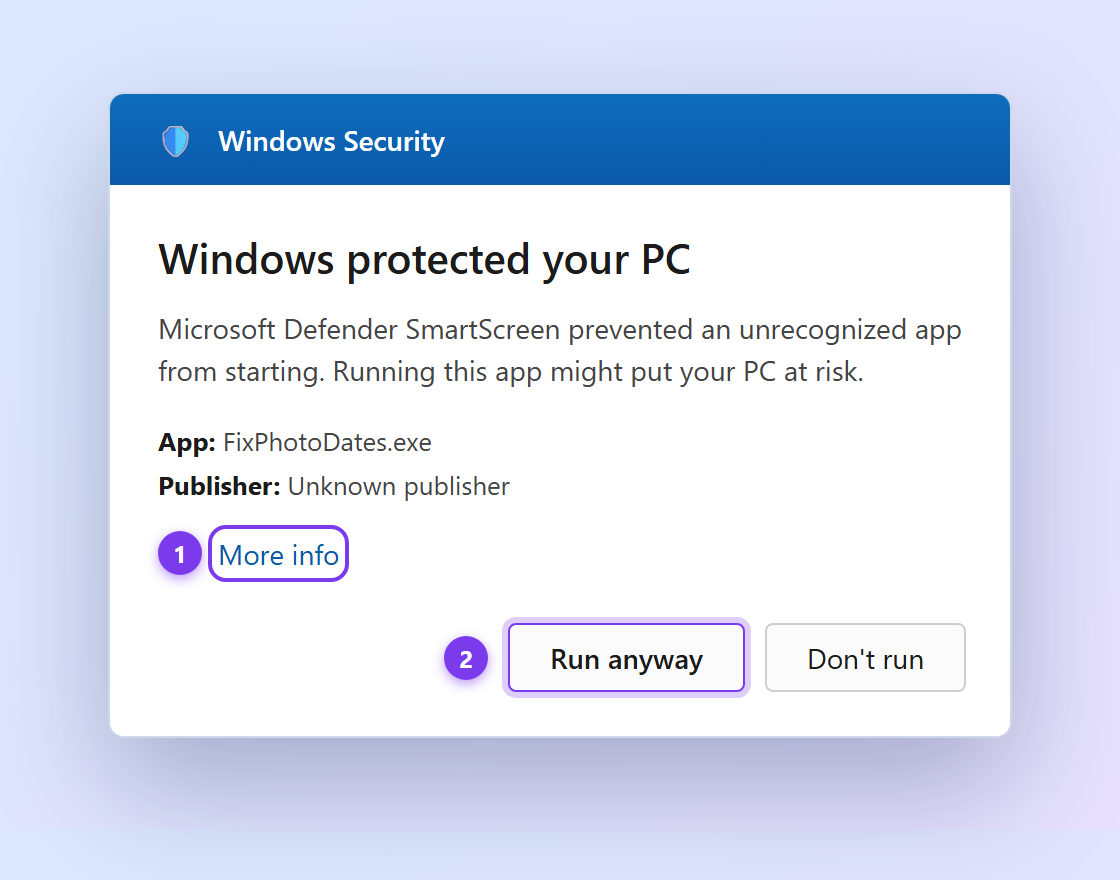 Windows SmartScreen dialog — click More info, then Run anyway
