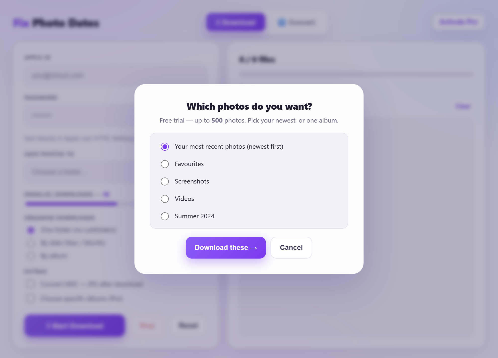 Choose which photos to download — recent or an album