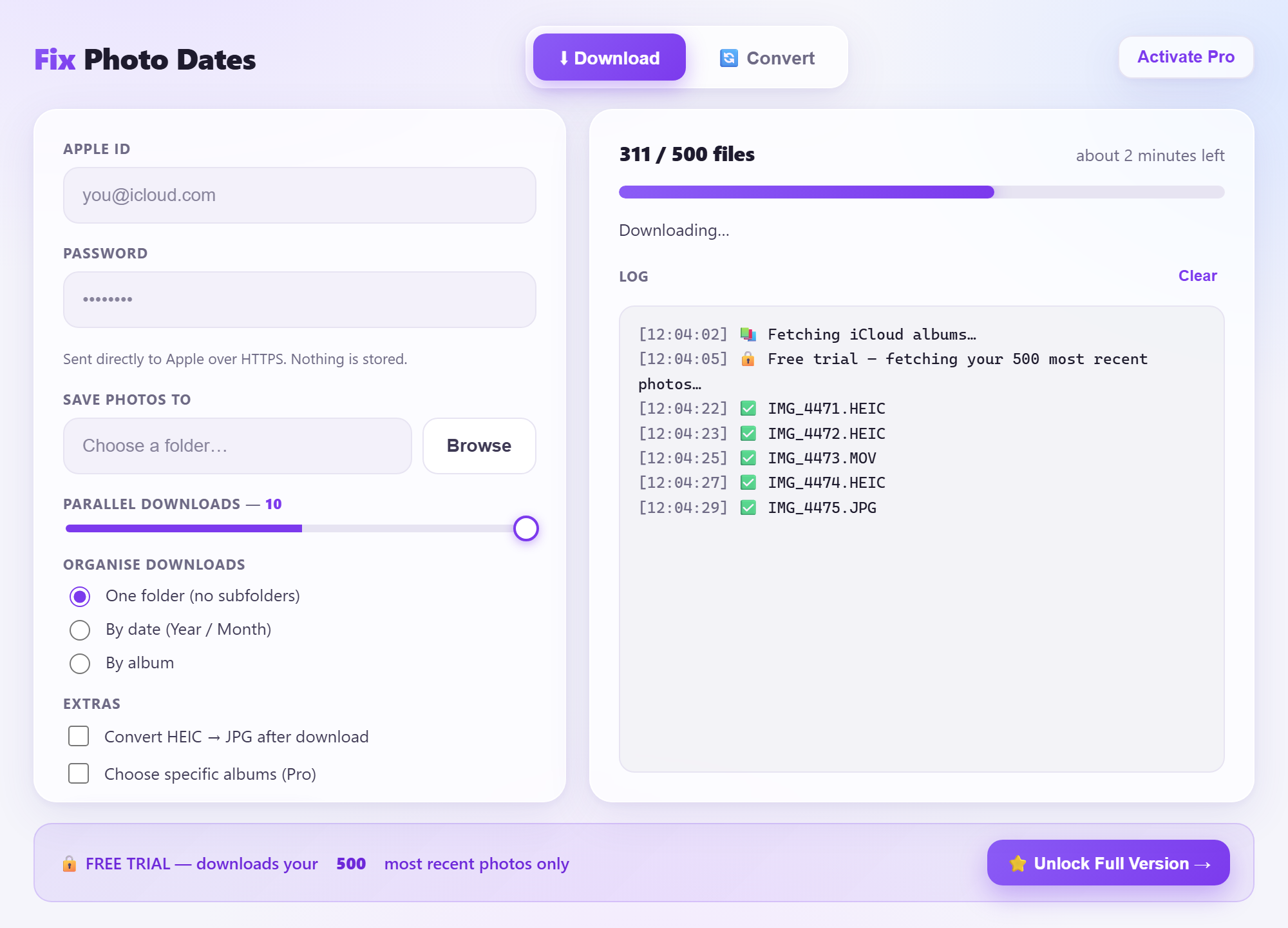 Download in progress showing 311 of 500 files and a live log